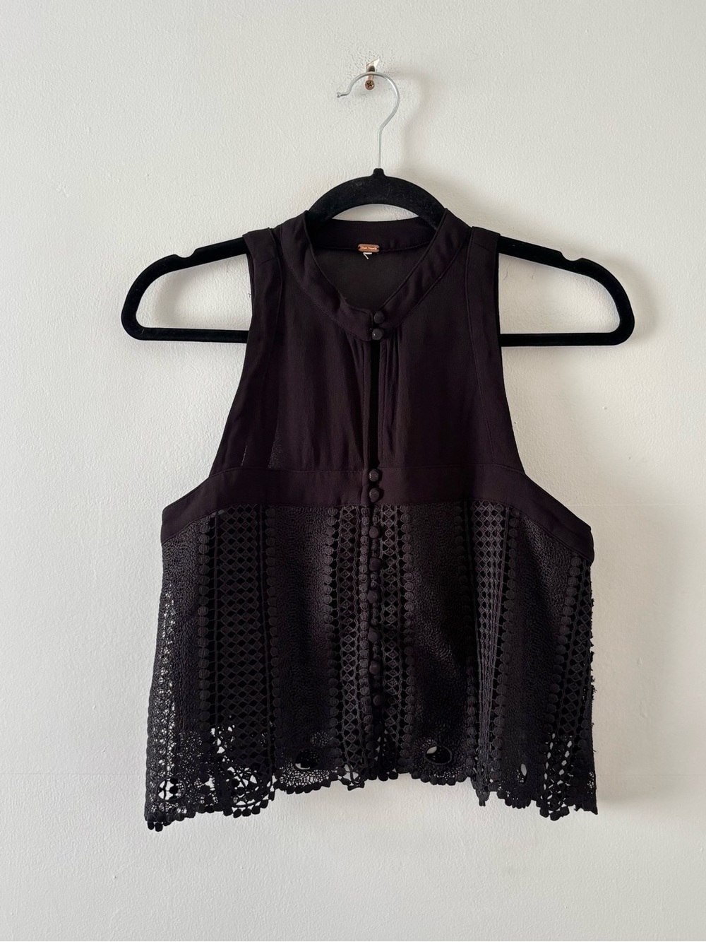 Free People Lace Trim Crop Top Tank Sleeveless High Neck Black